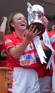 1 August 2016; Captain of Cork Laura Cleary lifts the trophy following her team's victory during the All Ireland Ladies Football Minor A Championship Final match between Cork and Dublin at Glennon Brothers Pearse Park in Longford. Photo by Seb Daly/Sportsfile *** NO REPRODUCTION FEE ***