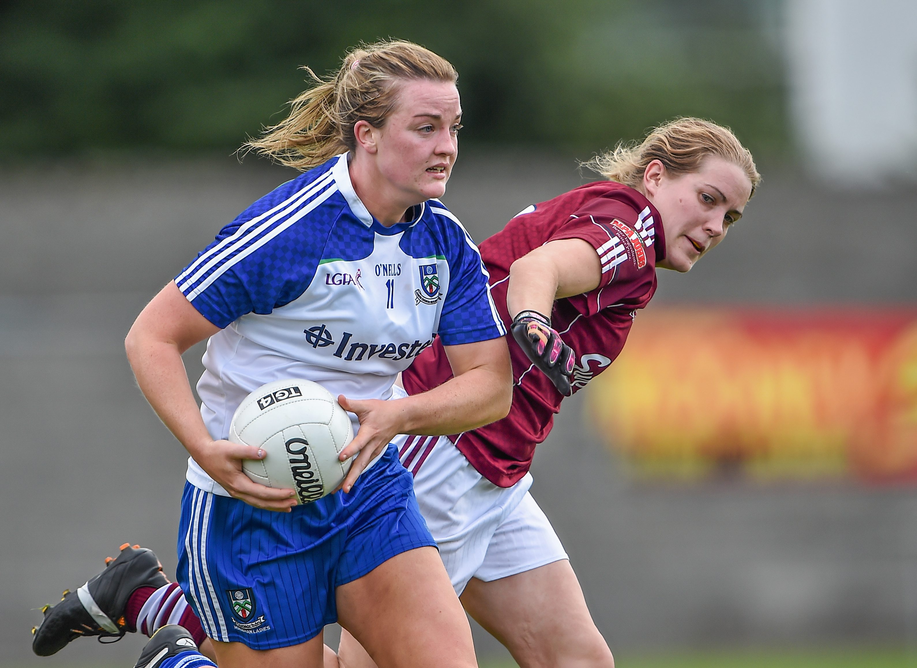23 August 2014; Ellen McCarron, Monaghan, in action against Noelle Connolly, Galway. TG4 All-Ireland Ladies Football Senior Championship, Quarter-Final, Galway v Monaghan, St Brendan's Park, Birr, Co. Offaly. Picture credit: Brendan Moran / SPORTSFILE *** NO REPRODUCTION FEE ***