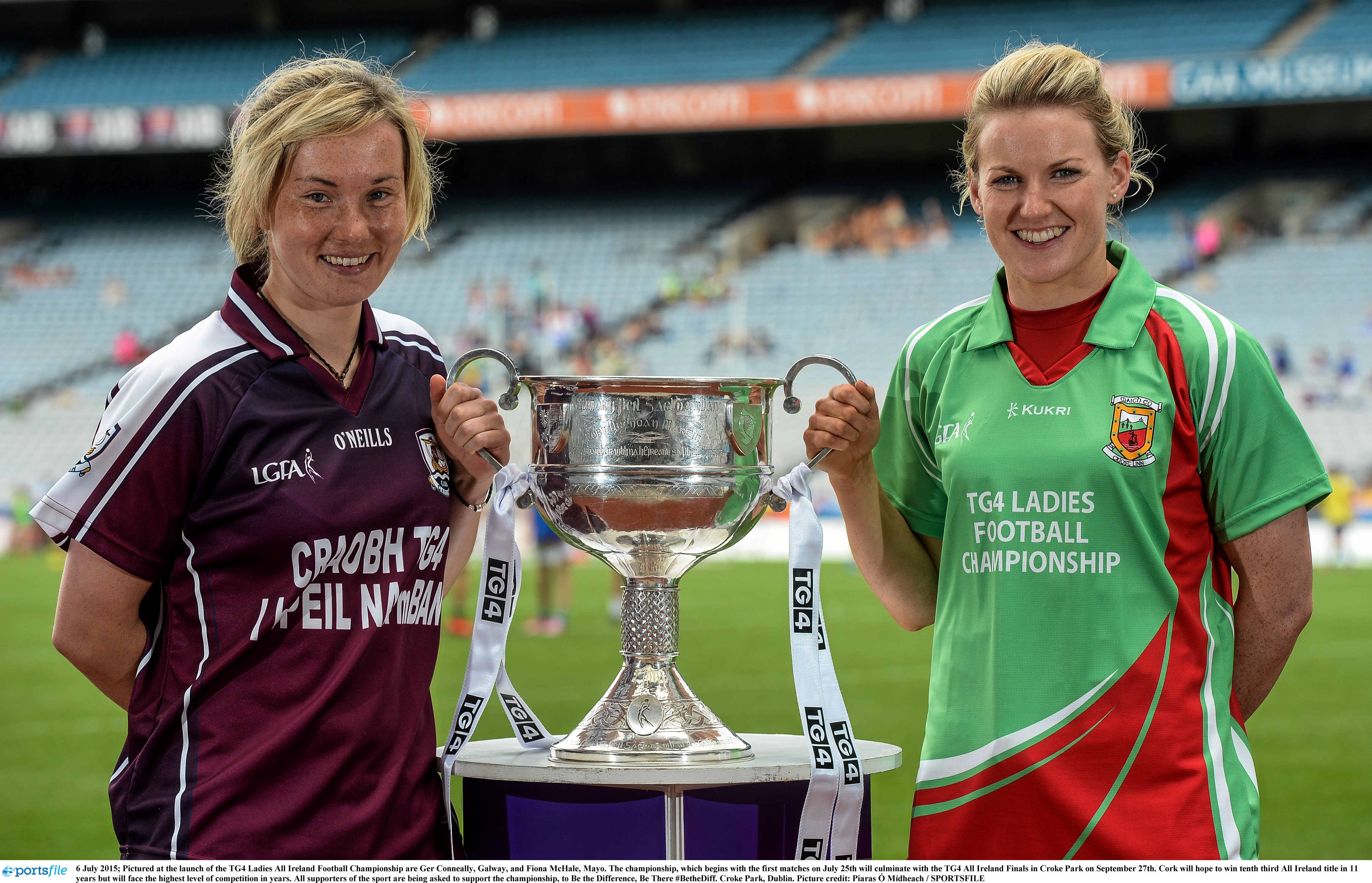 6 July 2015; Pictured at the launch of the TG4 Ladies All Ireland Football Championship are Tracey Leonard, Galway, and Fiona McHale, Mayo. The championship, which begins with the first matches on July 25th will culminate with the TG4 All Ireland Finals in Croke Park on September 27th. Cork will hope to win tenth third All Ireland title in 11 years but will face the highest level of competition in years. All supporters of the sport are being asked to support the championship, to Be the Difference, Be There #BetheDiff. Croke Park, Dublin. Picture credit: Piaras Ó Mídheach / SPORTSFILE