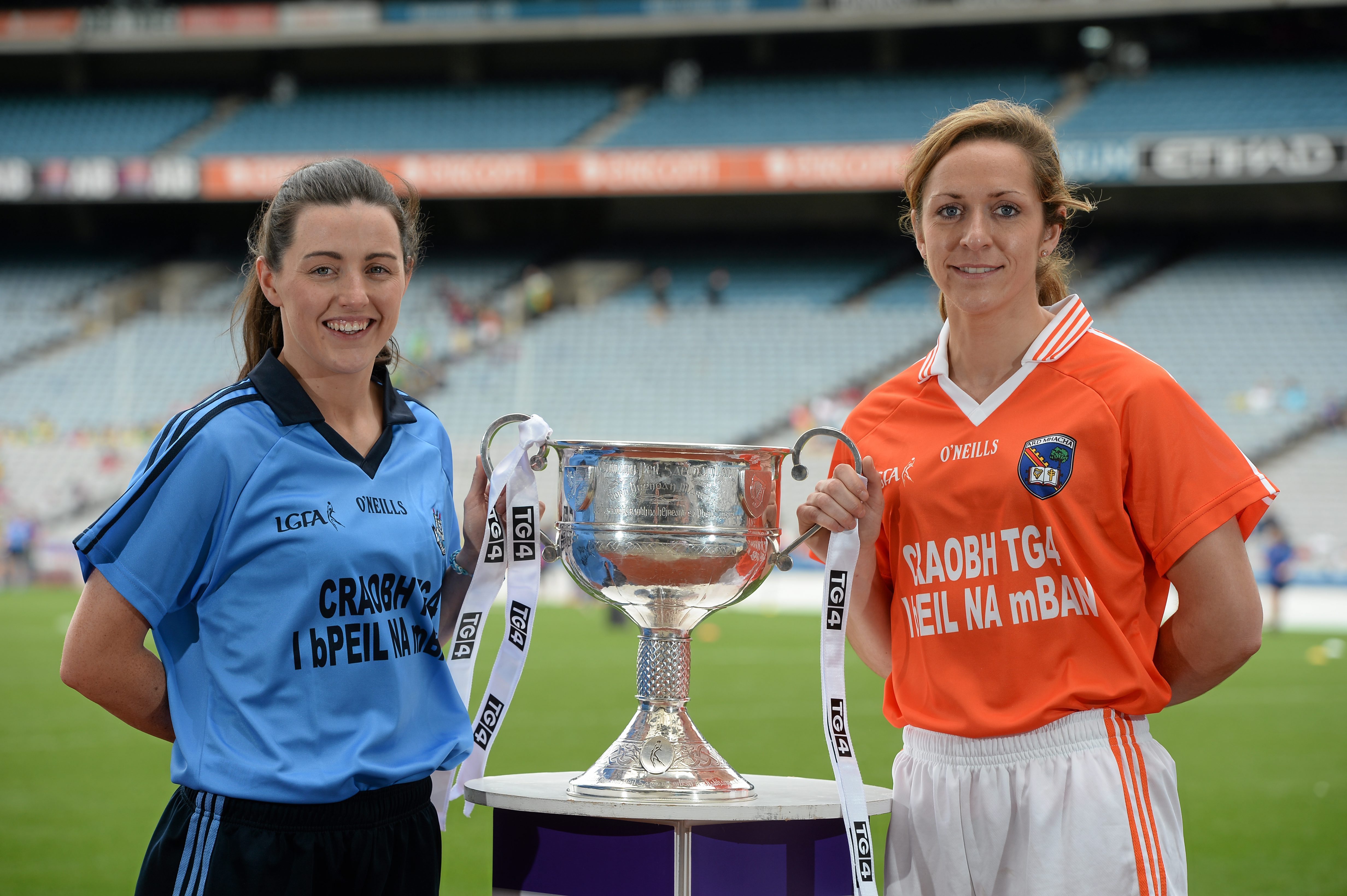 6 July 2015; Pictured at the launch of the TG4 Ladies All Ireland Senior Football Championship are Lyndsey Davey, Dublin, left, and Caroline O'Hanlon, Armagh. The championship, which begins with the first matches on July 25th will culminate with the TG4 All Ireland Finals in Croke Park on September 27th. Cork will hope to win tenth third All Ireland title in 11 years but will face the highest level of competition in years. All supporters of the sport are being asked to support the championship, to Be the Difference, Be There #BetheDiff. Croke Park, Dublin. Picture credit: Piaras Ó Mídheach / SPORTSFILE *** NO REPRODUCTION FEE ***
