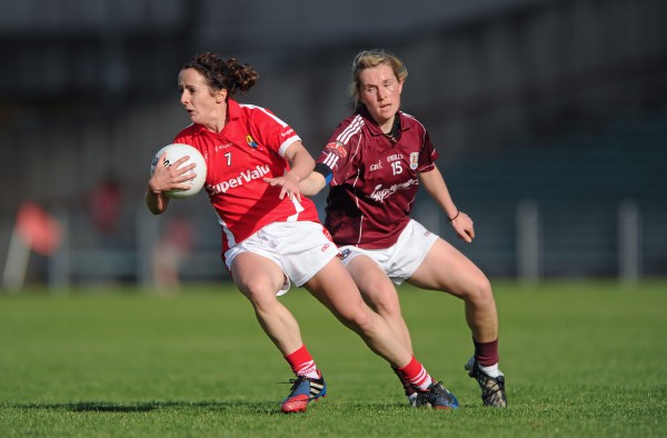 15 August 2015; Geraldine O'Flynn, Cork, in action against Tracey Leonard, Galway. TG4 Ladies Football All-Ireland Senior Championship, Quarter-Final, Cork v Galway, Gaelic Grounds, Limerick. Picture credit: Seb Daly / SPORTSFILE *** NO REPRODUCTION FEE ***