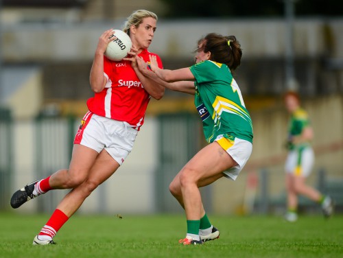 29 August 2015; Bríd Stack, Cork, in action against Denise Hallissey, Kerry. TG4 Ladies Football All-Ireland Senior Championship, Semi-Final, Cork v Kerry, Gaelic Grounds, Limerick. Picture credit: Piaras Ó Mídheach / SPORTSFILE