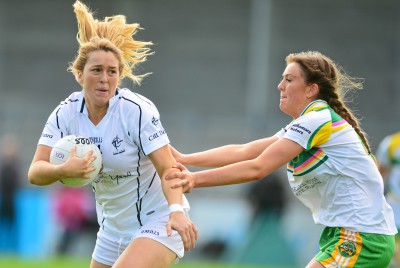 5 September 2015; Róisín Byrne, Kildare, in action against Treasa McManus, Offaly. TG4 Ladies Football All-Ireland Intermediate Championship Semi-Final, Kildare v Offaly. Parnell Park, Dublin. Picture credit: Piaras Ó Mídheach / SPORTSFILE *** NO REPRODUCTION FEE ***
