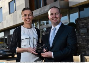 13 November 2015; Pictured today at the presentation of the Croke Park Hotel Player of the Month Award for October are Alan Smullen, General Manager, Croke Park Hotel, and winner of the October award, Sharon Courtney, Donaghmoyne, Co. Monaghan. Croke Park Hotel, Dublin. Picture credit: Ramsey Cardy / SPORTSFILE