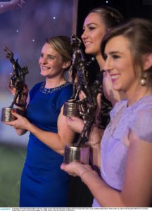 14 November 2015; Senior Players' Player of the Year, Briege Corkery, left, with Junior Players' Player of the Year Kate Flood, centre, Louth, and Intermediate Players' Player of the Year Aileen Wall, Waterford. 2015 LGFA TG4 Ladies Football Allstar Awards, CityWest Hotel, Saggart, Co. Dublin. Picture credit: Ray McManus / SPORTSFILE