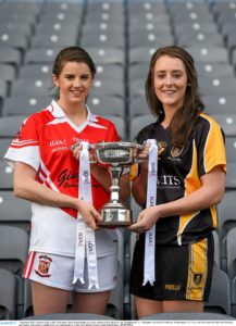 1 December 2015; Pictured at the Ladies All Ireland Club Championships are senior captains Eileen McElroy, left, Donaghmoyne, Co. Monaghan, and Roisín O'Sullivan, Mourneabbey, Co. Cork, who will contest the finals this Saturday and Sunday. Full details available from www.ladiesgaelic.ie. Croke Park, Dublin. Picture credit: Paul Mohan / SPORTSFILE