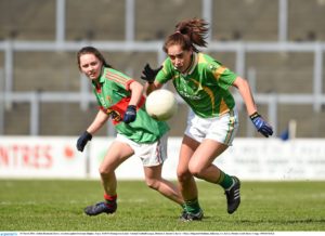 30 March 2014; Aislinn Desmond, Kerry, in action against Doireann Hughes, Mayo. TESCO Homegrown Ladies National Football League, Division 1, Round 6, Kerry v Mayo, Fitzgerald Stadium, Killarney, Co. Kerry. Picture credit: Barry Cregg / SPORTSFILE