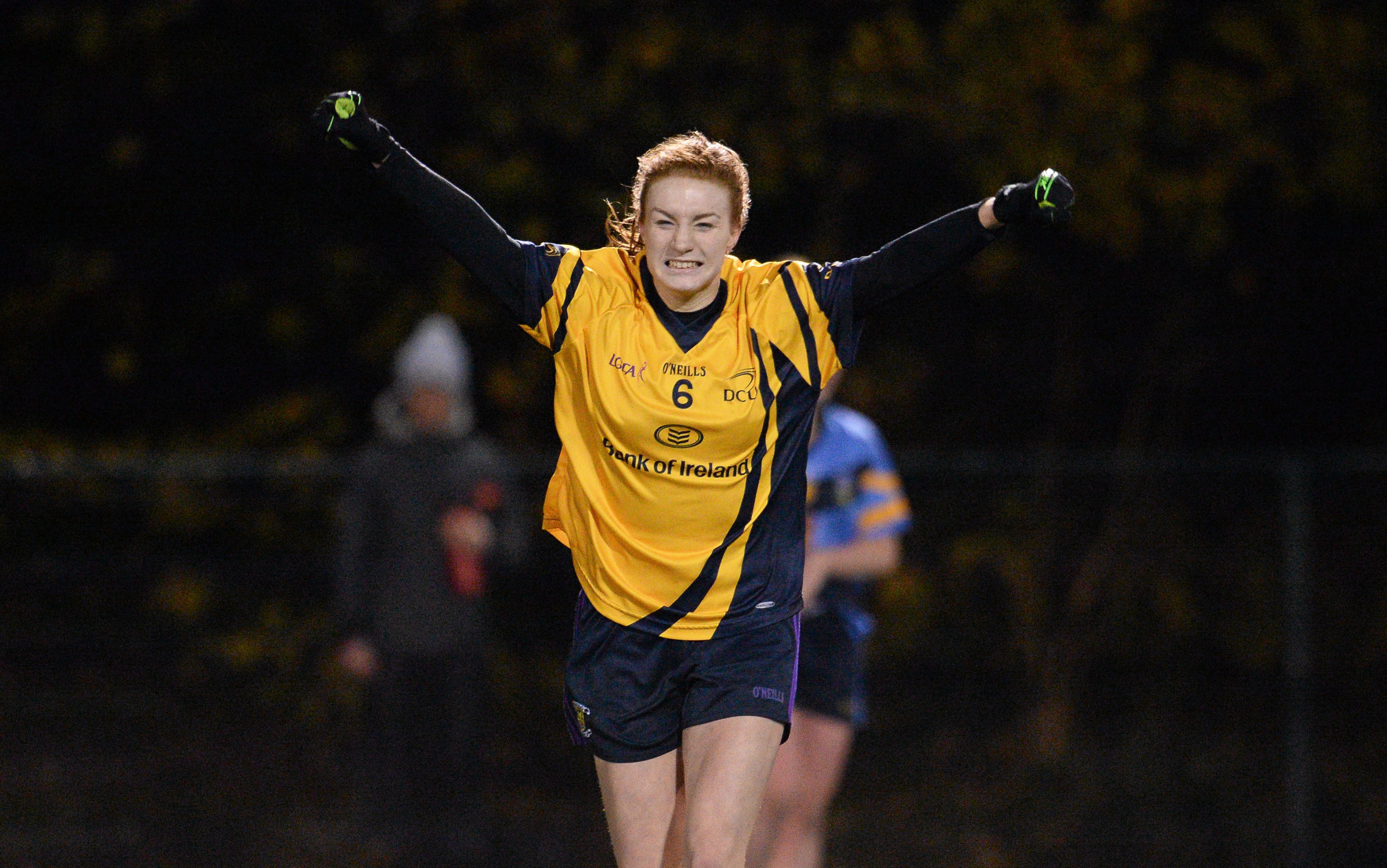 3 December 2015; Lauren Magee, DCU, celebrates at the final whistle. Senior Women's Football League Final, UCD vs DCU, Belfield, Dublin. Picture credit: Sam Barnes / SPORTSFILE *** NO REPRODUCTION FEE ***