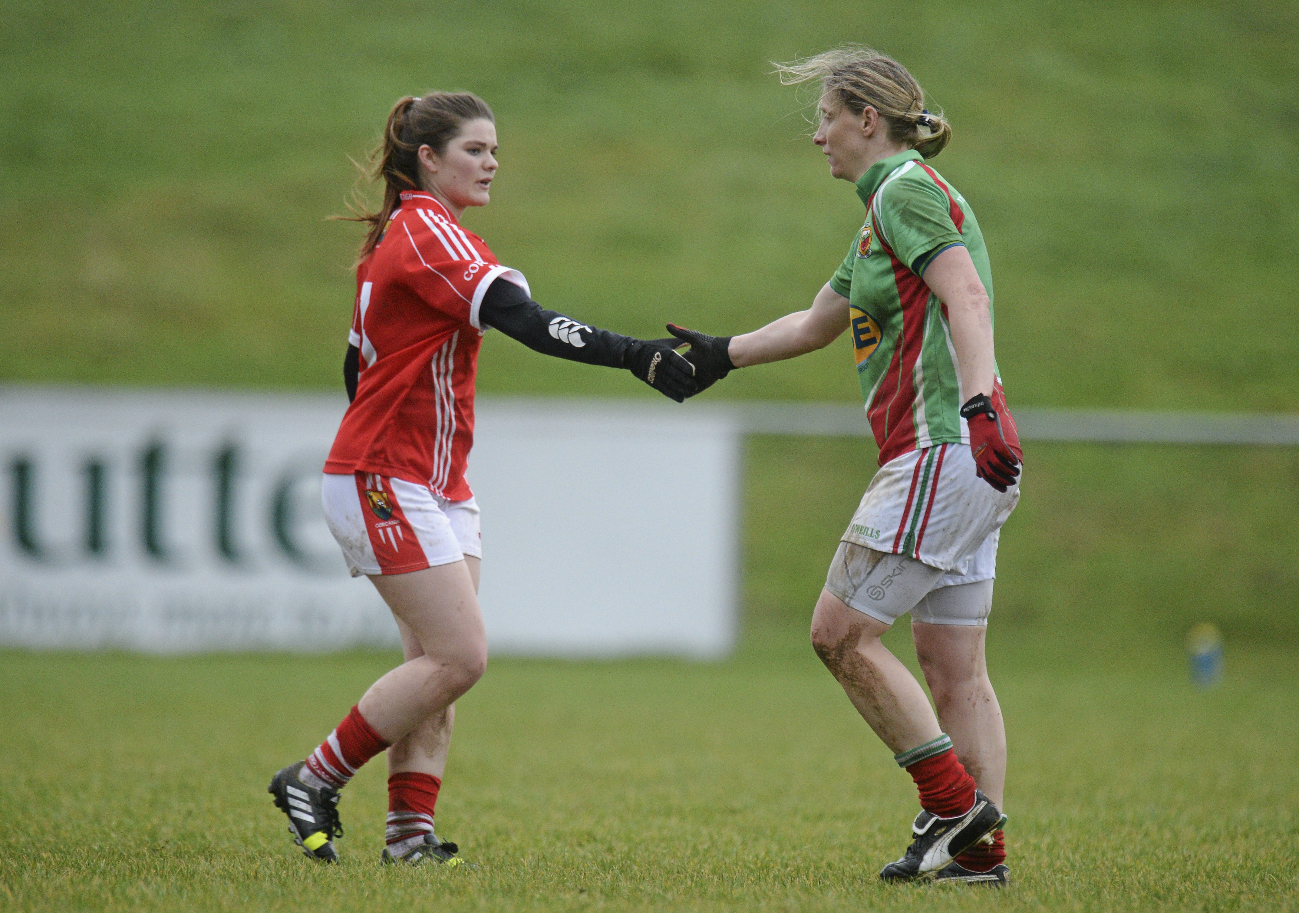 31 January 2016; Mayo's Cora Staunton shakes hands with Cork's Maire Ambrose after the game. Lidl Ladies Football National League, Division 1, Cork v Mayo, Mallow, Co. Cork. Picture credit: Piaras Ó Mídheach / SPORTSFILE *** NO REPRODUCTION FEE ***