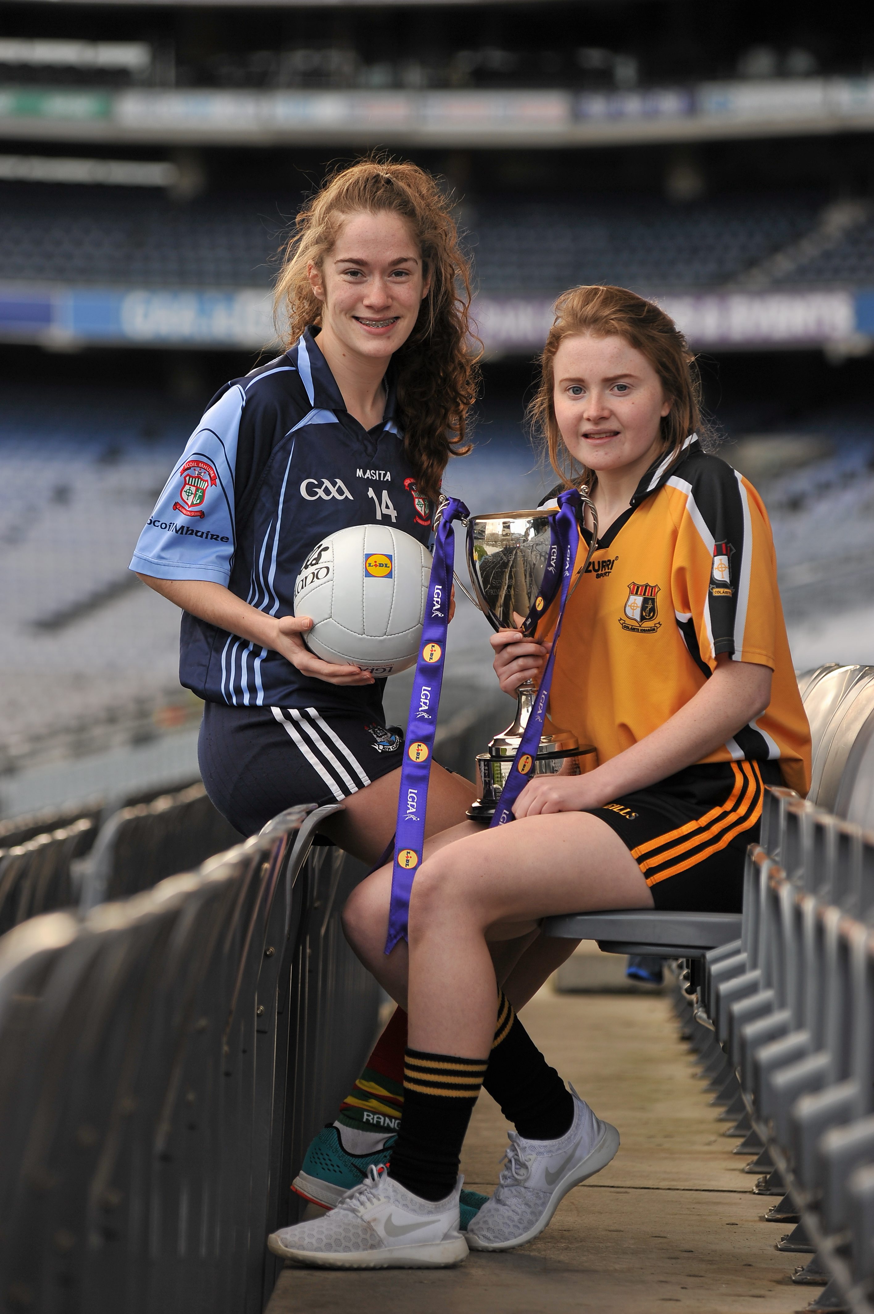 1 March 2016; The Lidl All Ireland Post Primary Schools Finals were launched today at Croke Park. The finals will be contested at Senior and Junior level with 3 finals at each grade. Scoil Mhuire, Carrick on Suir, Tipperary, will meet the 2014 Champions, Coláiste Íosagáin in the Lidl PPS Senior A All Ireland Final. John the Baptist from Limerick will meet Holy Rosary College from Mountbellew in Galway in the Senior B Final with Gallen C.S Ferbane taking on Scoil Phobail Sliabh Luachra from Kerry in the Senior C final. The Lidl PPS All Ireland Junior A Final will see Scoil Críost Rí from Portlaoise meeting St. Ronans College from Armagh. Killorglin from Kerry will meet the Presentation College from Tuam in the Lidl Junior B PPS All Ireland Final and Scoil Phobal Sliabh Luachra, Kerry, will meet Mercy S.S from Ballymahon in Longford in the Junior C decider. Full details for the finals including venues and throw in times are available from www.ladiesgaelic.ie. Pictured are Meave Phelan, Scoil Chríost Rí, Portlaoise, Co. Laois, and Megan McCann, St Ronan's College Lurgan, Co. Armagh. Croke Park, Dublin. Picture credit: Sam Barnes / SPORTSFILE *** NO REPRODUCTION FEE ***