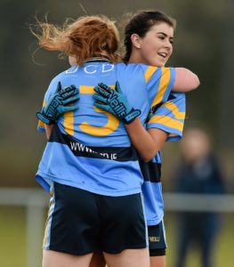 11 March 2016; University College Dublin players Roisin Curran, left, and Emma Guckian celebrate at the final whistle. O'Connor Cup Semi-Final - University College Cork v University College Dublin. John Mitchels GAA Club, Tralee, Co. Kerry. Picture credit: Brendan Moran / SPORTSFILE *** NO REPRODUCTION FEE ***