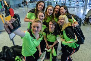 15 March 2016; Dublin's Carla Rowe takes a selfie with team-mates, Niamh McEvoy, Noelle Healy, Sinead Finnegan, Sinead Aherne, Sinead Goldrick, Lyndsey Davey and Sorcha Furlong, as they get ready for the TG4 Ladies Football All Star team departure to San Diego. TG4 Ladies Gaelic Football Association All Star Tour to San Diego. Dublin Airport, Dublin. Picture credit: Brendan Moran / SPORTSFILE *** NO REPRODUCTION FEE ***