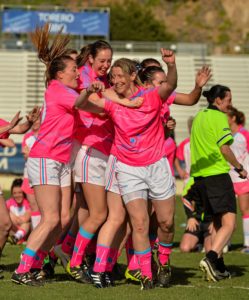 19 March 2016; Cora Staunton, Mayo and 2015 All Stars, is congratulated by her team-mates, including Annie Walsh, Cork, and Aine Tighe, Leitrim, after scoring the winning penalty in a penalty shoot out after the game. TG4 Ladies Football All-Star Tour, 2014 All Stars v 2015 All Stars. University of San Diego, Torero Stadium, San Diego, California, USA. Picture credit: Brendan Moran / SPORTSFILE *** NO REPRODUCTION FEE ***