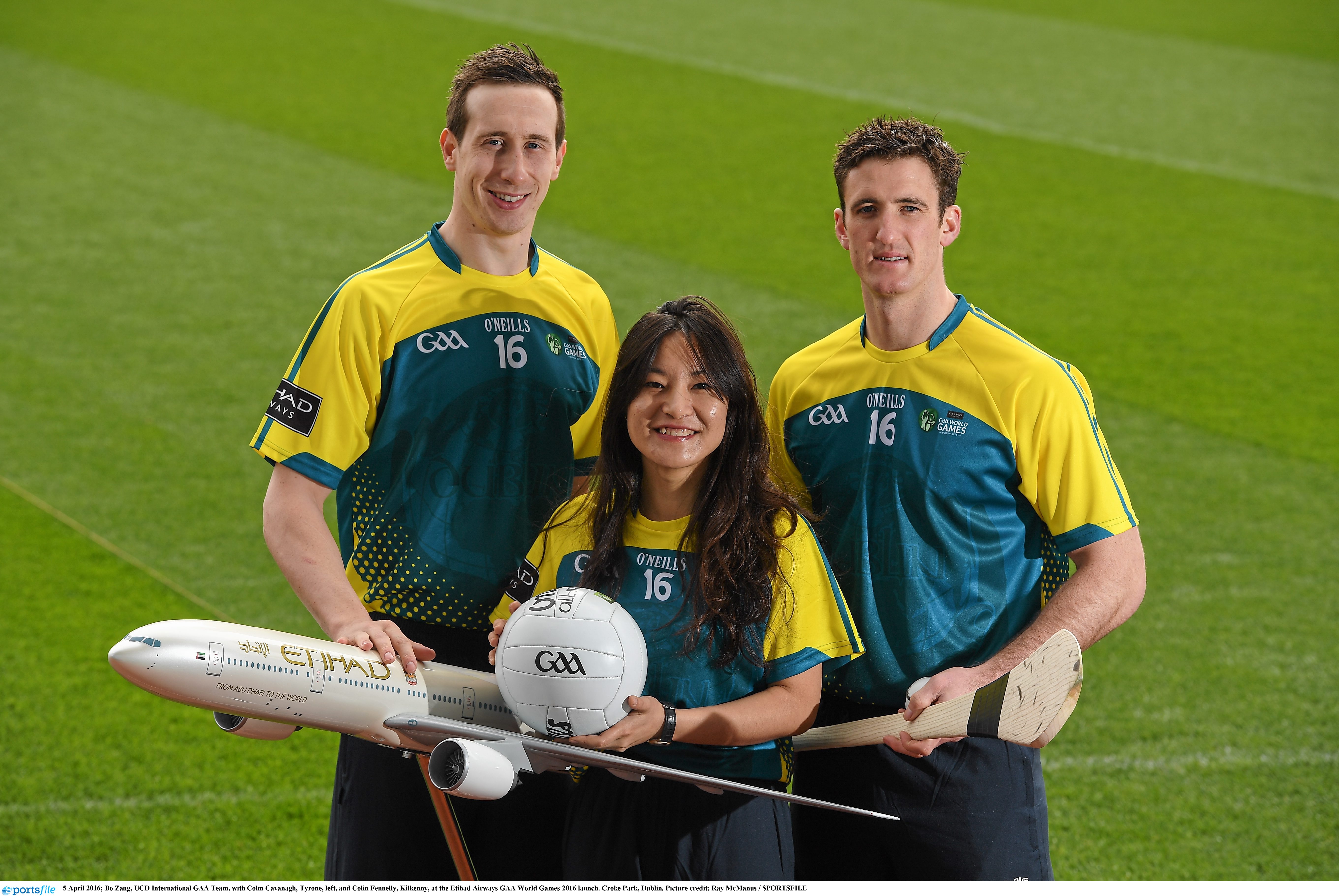 5 April 2016; Bo Zang, UCD International GAA Team, with Colm Cavanagh, Tyrone, left, and Colin Fennelly, Kilkenny, at the Etihad Airways GAA World Games 2016 launch. Croke Park, Dublin. Picture credit: Ray McManus / SPORTSFILE