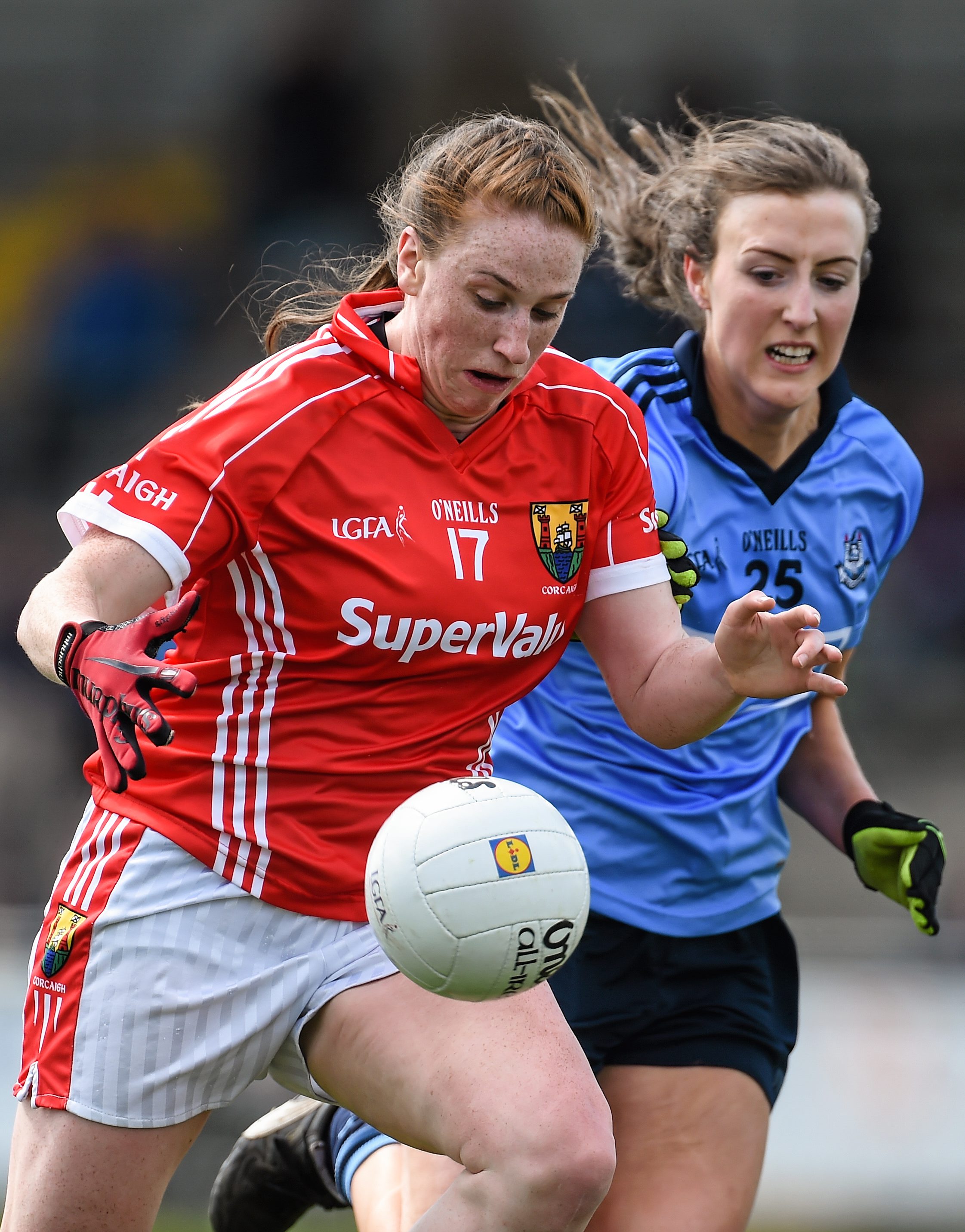 23 April 2016; Ashling Hutchings, Cork, in action against Lucy Collins, Dublin. Lidl Ladies Football National League, Division 1, semi-final, Cork v Dublin. St Brendan's Park, Birr, Co. Offaly. Picture credit: Ramsey Cardy / SPORTSFILE *** NO REPRODUCTION FEE ***