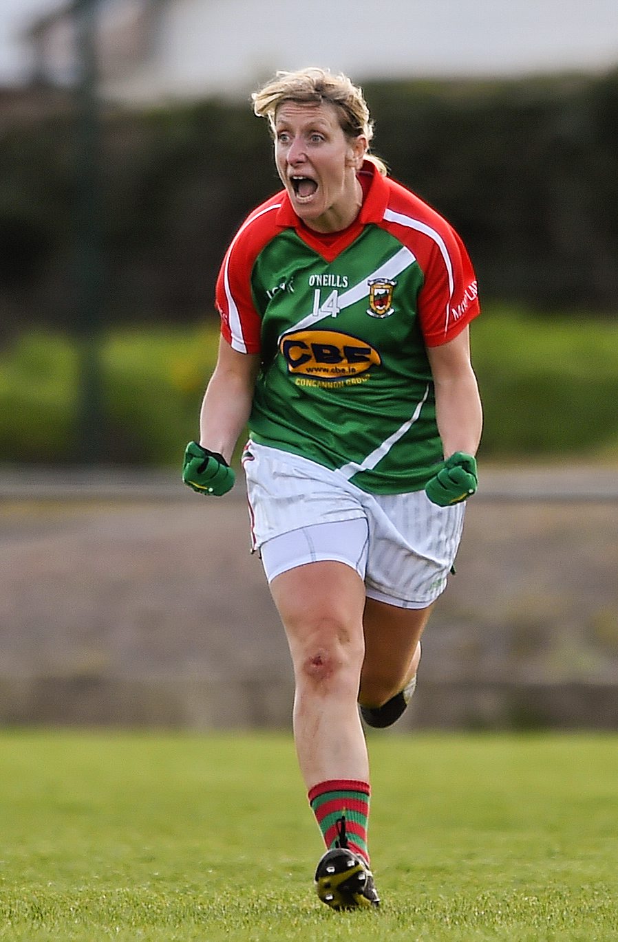 23 April 2016; Mayo's Cora Staunton celebrates scoring her side's winning point. Lidl Ladies Football National League, Division 1, semi-final, Mayo v Kerry. St Brendan's Park, Birr, Co. Offaly. Picture credit: Ramsey Cardy / SPORTSFILE  *** NO REPRODUCTION FEE ***