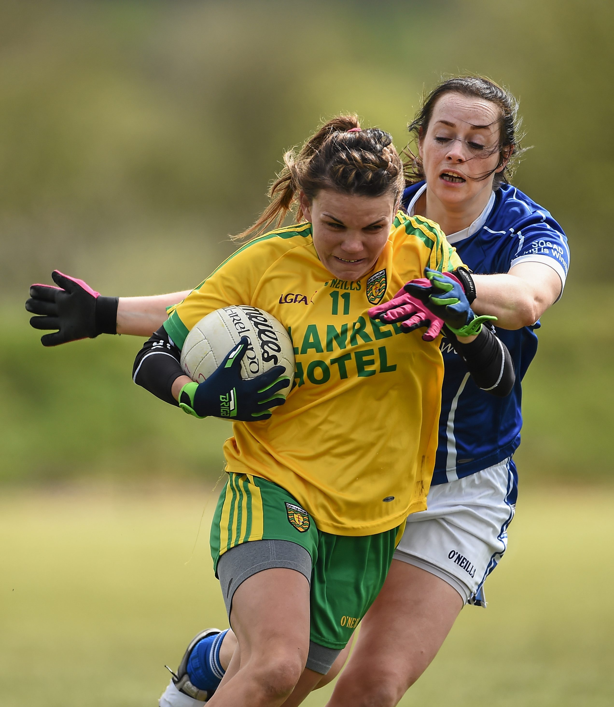 23 April 2016; Niamh Hegarty, Donegal, in action against Rosin Crowe, Cavan. Lidl Ladies Football National League, Division 2, semi-final, Donegal v Cavan. Picture credit: Oliver McVeigh / SPORTSFILE *** NO REPRODUCTION FEE ***