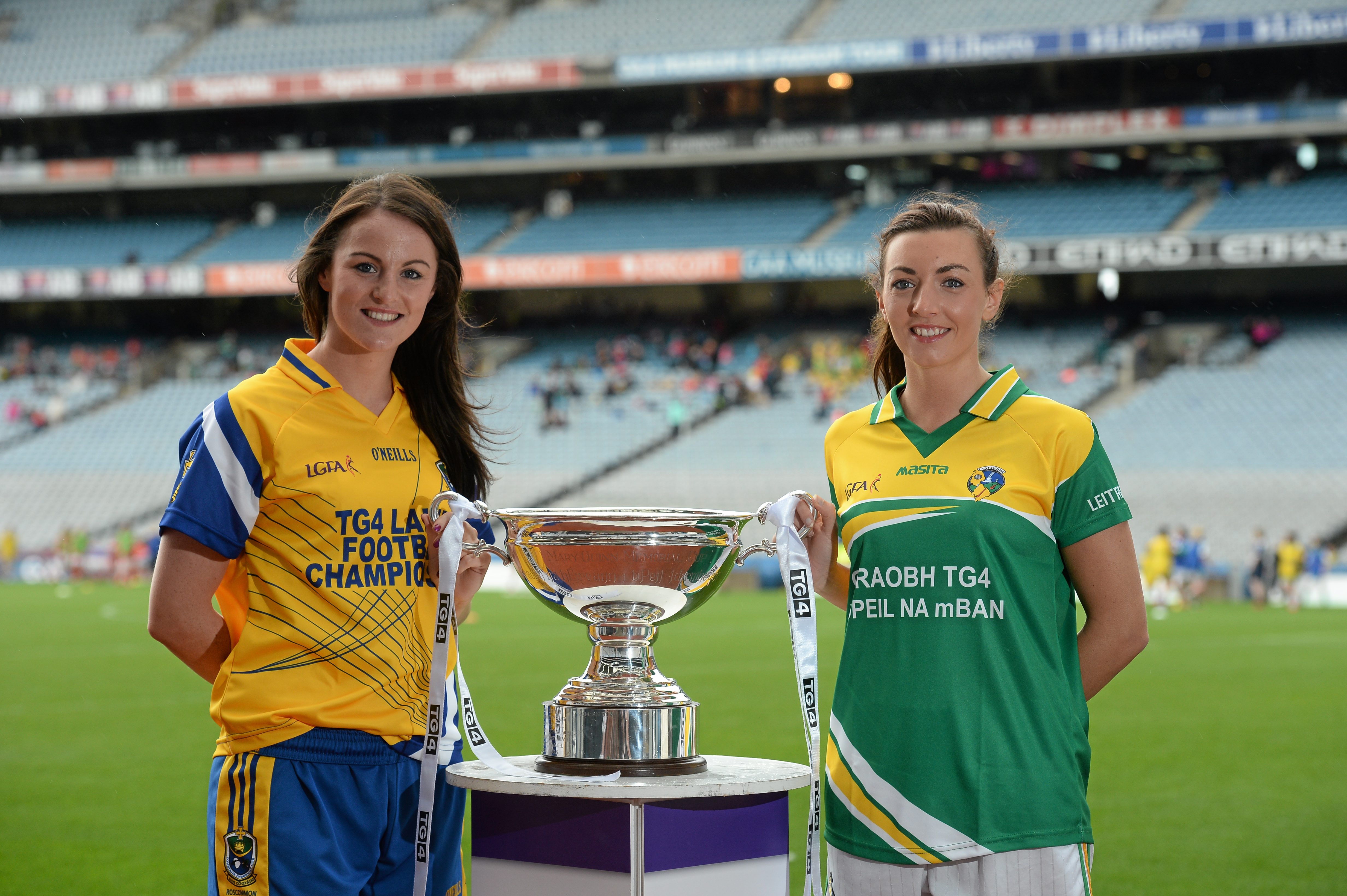 6 July 2015; Pictured at the launch of the TG4 Ladies All Intermediate Ireland Football Championship are Jenny Higgins, Roscommon, left, and Sarah McLoughlin, Leitrim. The championship, which begins with the first matches on July 25th will culminate with the TG4 All Ireland Finals in Croke Park on September 27th. Cork will hope to win tenth third All Ireland title in 11 years but will face the highest level of competition in years. All supporters of the sport are being asked to support the championship, to Be the Difference, Be There #BetheDiff. Croke Park, Dublin. Picture credit: Piaras Ó Mídheach / SPORTSFILE *** NO REPRODUCTION FEE ***