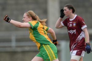 7 May 2016; Amber Barrett, Donegal, celebrates scoring her sides first goal. Lidl Ladies Football National League, Division 2, Final, Donegal v Westmeath. Parnell Park, Dublin. Picture credit: Piaras Ó Mídheach / SPORTSFILE *** NO REPRODUCTION FEE ***