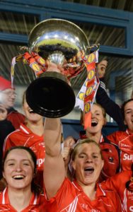 7 May 2016; Cork captain Deidre O'Reilly lifts the cup after the game. Lidl Ladies Football National League, Division 1, Final, Mayo v Cork. Parnell Park, Dublin. Picture credit: Piaras Ó Mídheach / SPORTSFILE *** NO REPRODUCTION FEE ***