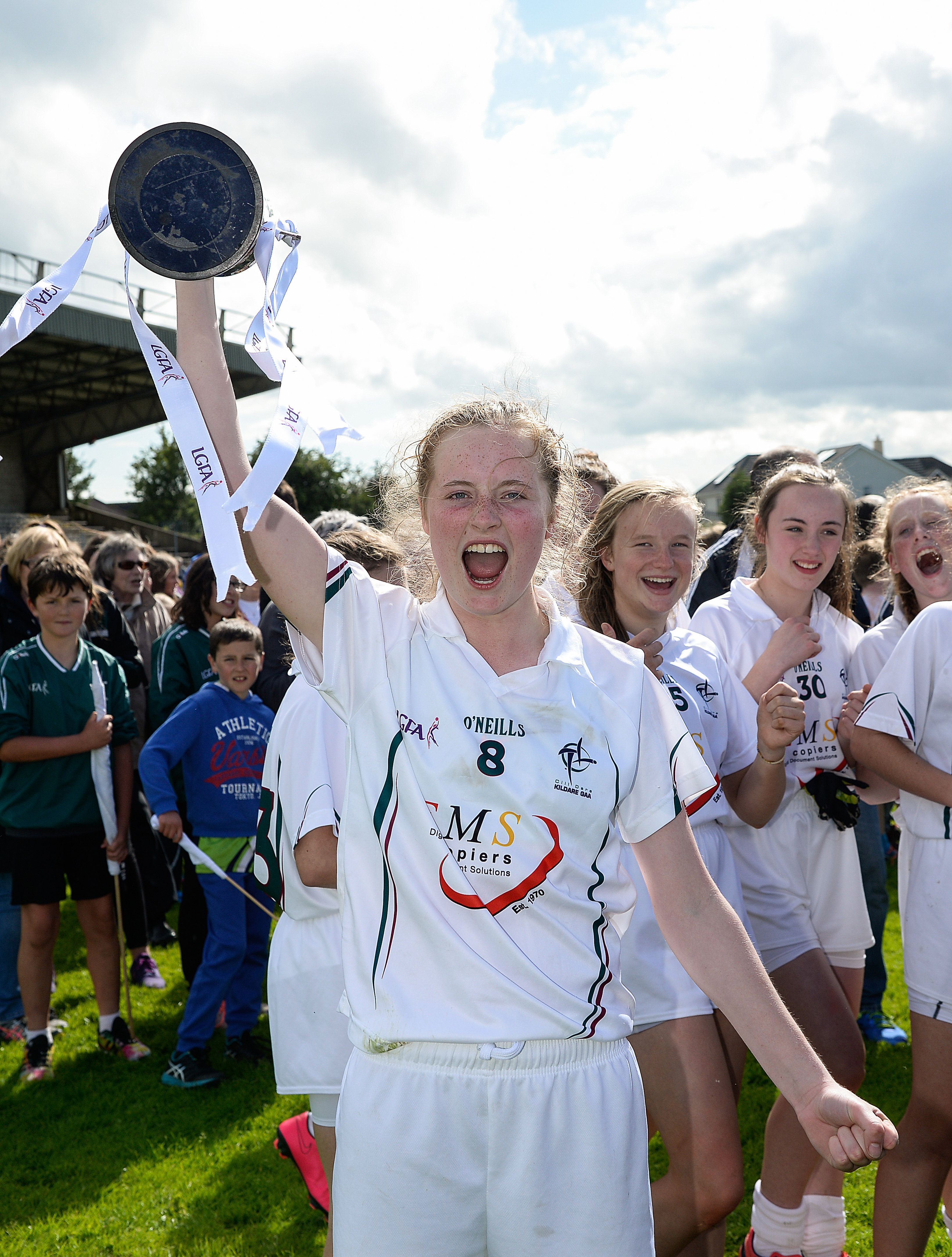 2 July 2016; Kildare captain Aoife Gettigan lifts the cup after the All-Ireland Ladies Football U14 'A' Championship Final at McDonagh Park in Nenagh, Co Tipperary. Photo by Ray Lohan/SPORTSFILE *** NO REPRODUCTION FEE ***