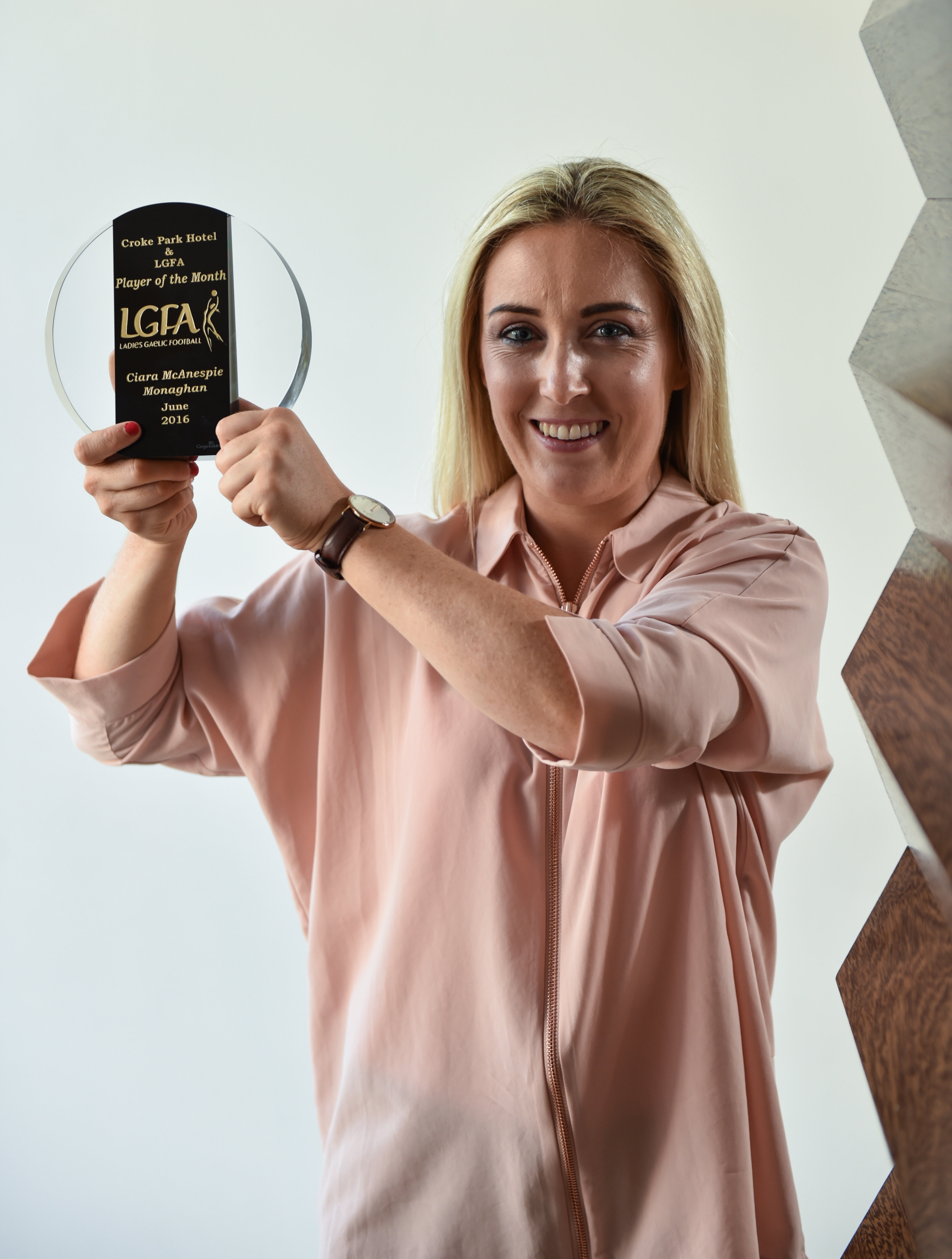 19 July 2016; Ciara McAnespie of Monaghan with The Croke Park Player of the Month for May. The Croke Park Hotel, Jones Road, Dublin. Photo by Cody Glenn/Sportsfile *** NO REPRODUCTION FEE ***