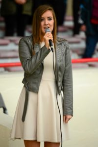 29 August 2015; Maria Bergin sings the National Anthem before the game. TG4 Ladies Football All-Ireland Senior Championship, Semi-Final, Cork v Kerry, Gaelic Grounds, Limerick. Picture credit: Piaras Ó Mídheach / SPORTSFILE *** NO REPRODUCTION FEE ***