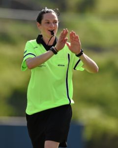 19 March 2016; Referee Maggie Farrelly, Cavan, indicates a free kick for pushing. TG4 Ladies Football All-Star Tour, 2014 All Stars v 2015 All Stars. University of San Diego, Torero Stadium, San Diego, California, USA. Picture credit: Brendan Moran / SPORTSFILE *** NO REPRODUCTION FEE ***
