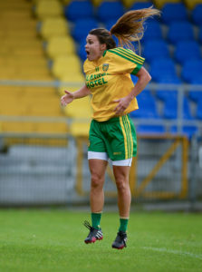 1 August 2016; Niamh Hegarty of Donegal reacts after her goal is disallowed during the TG4 Ladies Football All-Ireland Senior Championship Qualifiers match between Galway and Donegal at Glennon Brothers Pearse Park in Longford. Photo by Seb Daly/Sportsfile *** NO REPRODUCTION FEE ***
