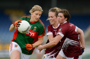 13 August 2016; Cora Staunton of Mayo in action against Rebecca Dunne, centre, and Triona Durkan of Westmeath during the TG4 Ladies Football All-Ireland Senior Championship Quarter-Final game between Mayo and Westmeath at Glennon Brothers Pearse Park in Longford. Photo by Seb Daly/Sportsfile *** NO REPRODUCTION FEE ***