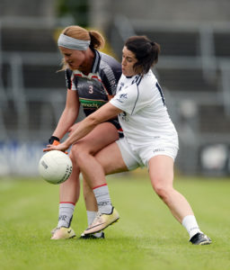 27 August 2016; Ruth Goodwin of Sligo in action against Noelle Earley of Kildare during the TG4 Ladies Football All-Ireland Intermediate Championship Semi-Final game between Kildare and Sligo at Kingspan Breffni Park in Cavan. Photo by Piaras Ó Mídheach/Sportsfile *** NO REPRODUCTION FEE ***