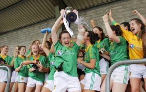 Captain Marion Farrelly raises the All Ireland trophy