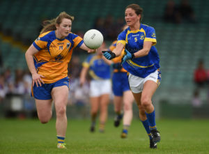 3 September 2016; Anne O'Dwyer of Tipperary in action against Ailish Considine of Clare during the TG4 Ladies Football All-Ireland Intermediate Championship Semi-Final match between Clare and Tipperary at the Gaelic Grounds, Limerick. Photo by Diarmuid Greene/Sportsfile *** NO REPRODUCTION FEE ***