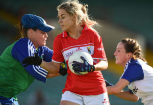 3 September 2016; Orla Finn of Cork goes past Monaghan goalkeeper Catriona McKenna and Rachel McKenna on her way to scoring her side's first goal during the TG4 Ladies Football All-Ireland Senior Championship Semi-Final match between Cork and Monaghan at the Gaelic Grounds, Limerick. Photo by Diarmuid Greene/Sportsfile *** NO REPRODUCTION FEE ***