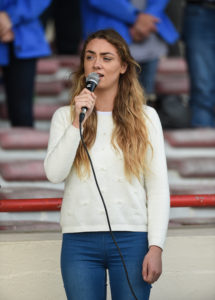 3 September 2016; Caitriona Sherlock, from Scotstown, Co. Monaghan, sings the national anthem before the TG4 Ladies Football All-Ireland Senior Championship Semi-Final match between Cork and Monaghan at the Gaelic Grounds, Limerick. Photo by Diarmuid Greene/Sportsfile *** NO REPRODUCTION FEE ***