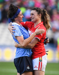 25 September 2016; Annie Walsh, right, of Cork consoles Niamh McEvoy of Dublin after after the Ladies Football All-Ireland Senior Football Championship Final match between Cork and Dublin at Croke Park in Dublin. Photo by Brendan Moran/Sportsfile